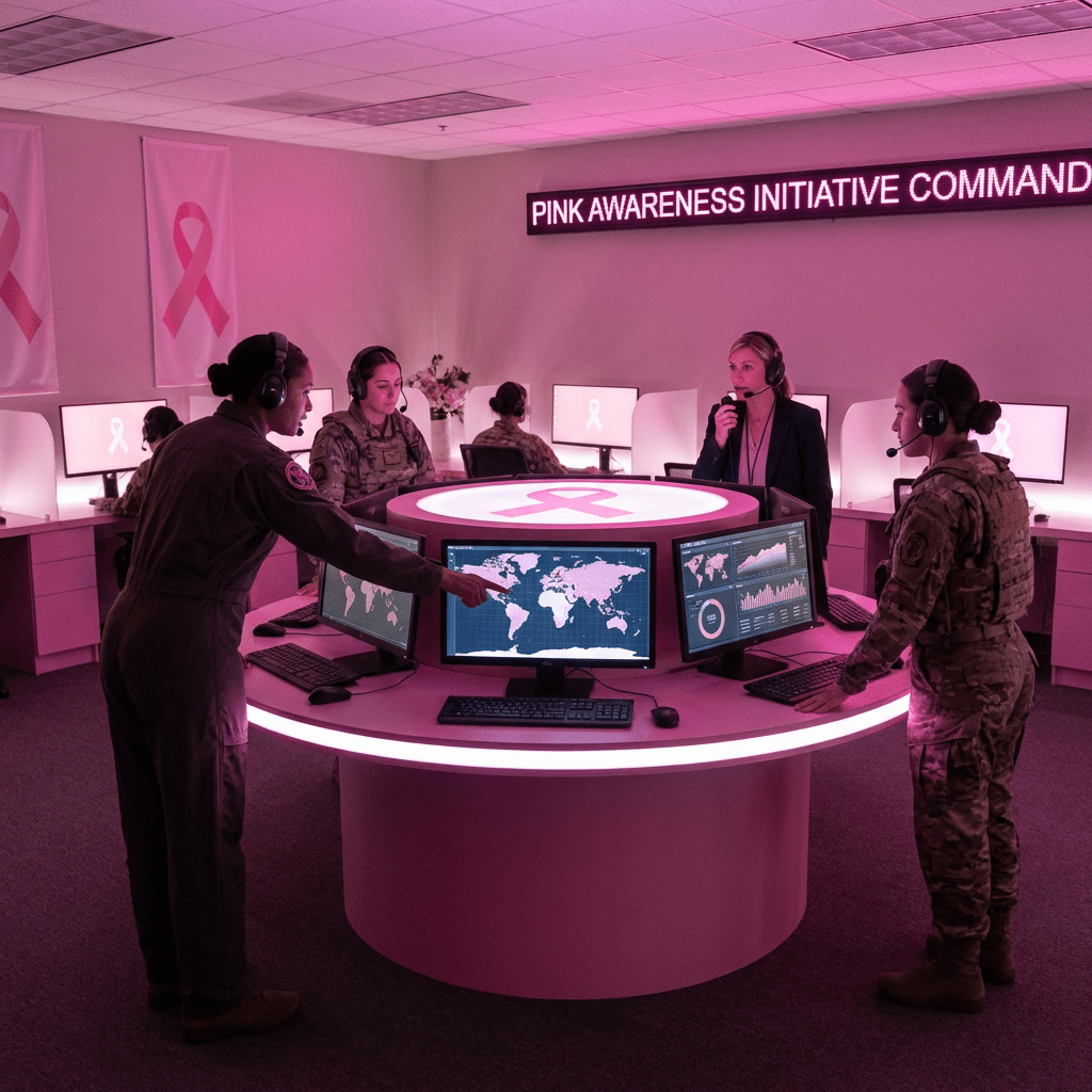 Women in a command center with pink ribbon banners and monitors under pink lighting.