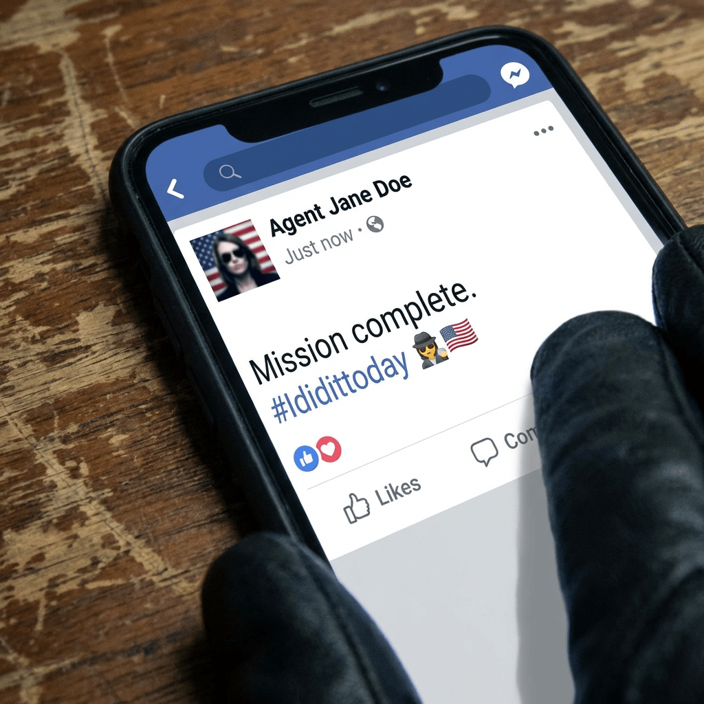 Smartphone screen showing a Facebook post from Agent Jane Doe reading 'Mission complete. #Ididittoday'.
