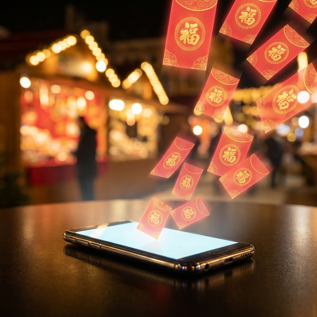 Digital red envelopes with the character for fortune floating out of a glowing smartphone.