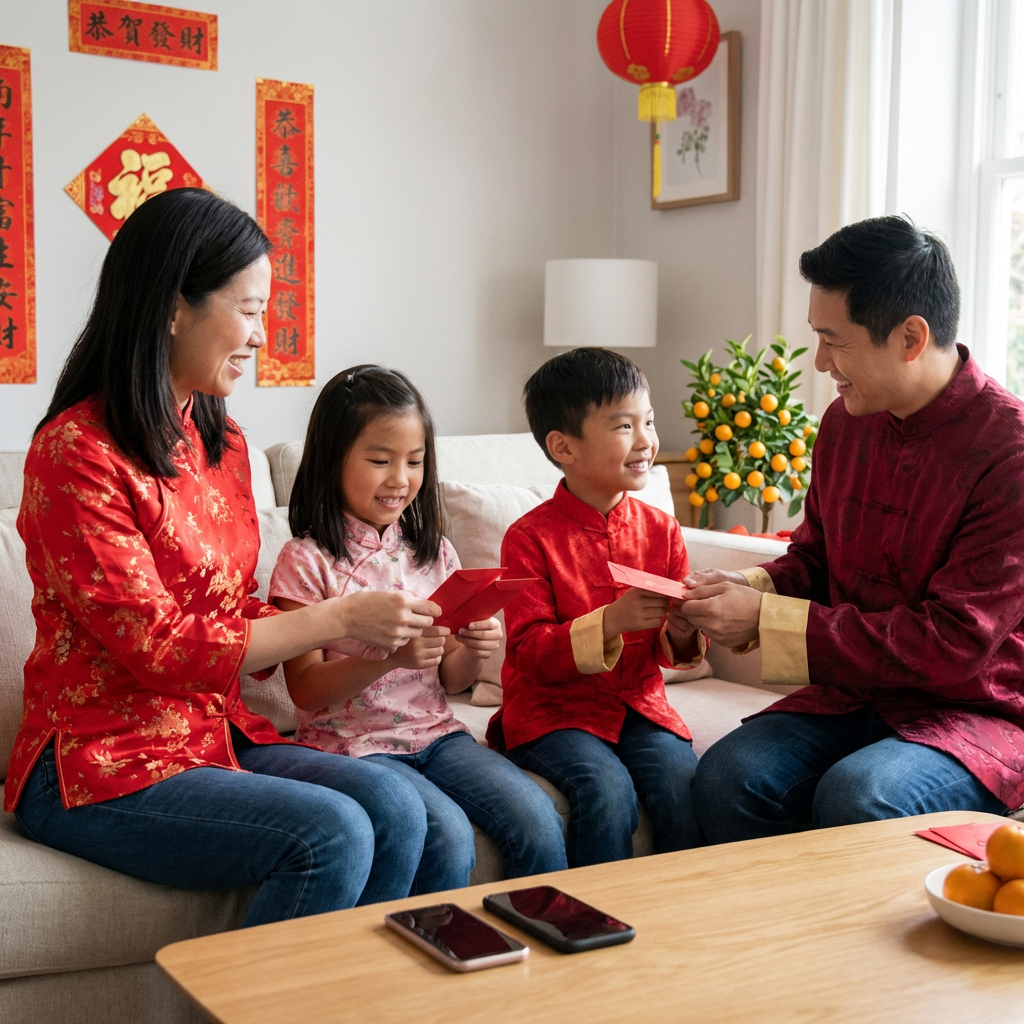 Parents giving traditional red envelopes to children during a Lunar New Year celebration.
