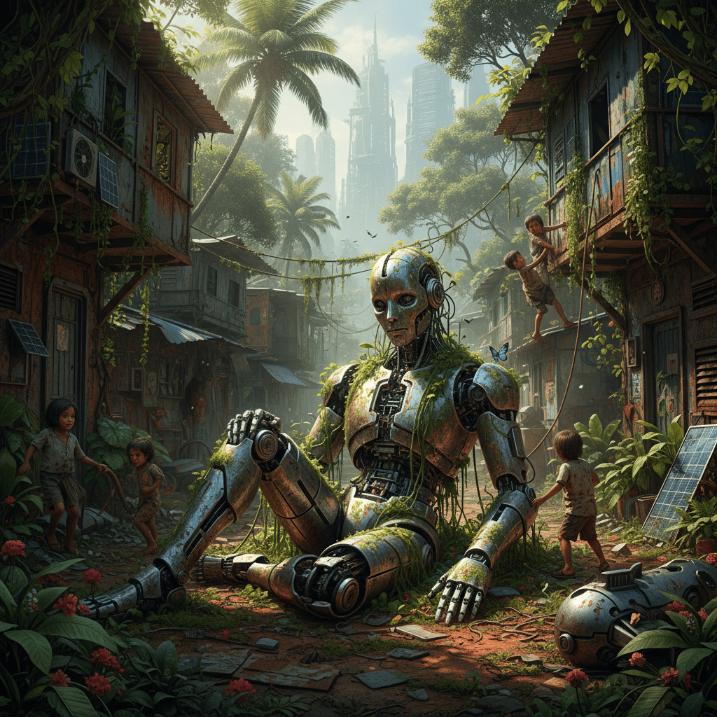 Large moss-covered robot sitting in a tropical village with children playing nearby.