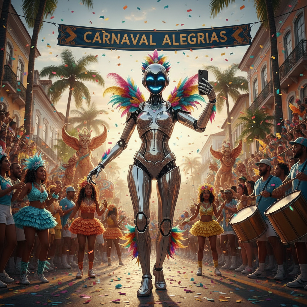 Futuristic robot in a carnival parade under a banner reading 'CARNAVAL ALEGRIAS'.